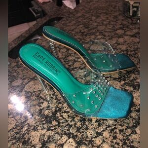 Cape Robbin Teal Clear Crystal Studded Stilettos